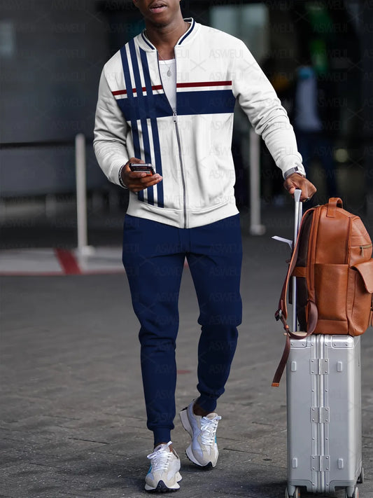 Men's Fashion Casual Geometric Print Zipper Jacket Set