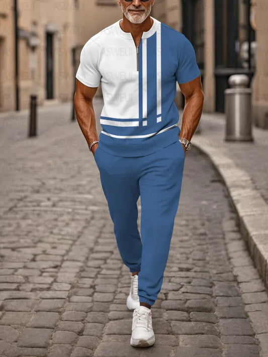 Zipper Short Sleeve Long Pants Two-Piece Set