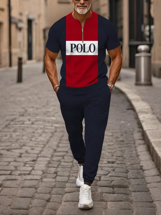 Zipper Short Sleeve Long Pants Two-Piece Set