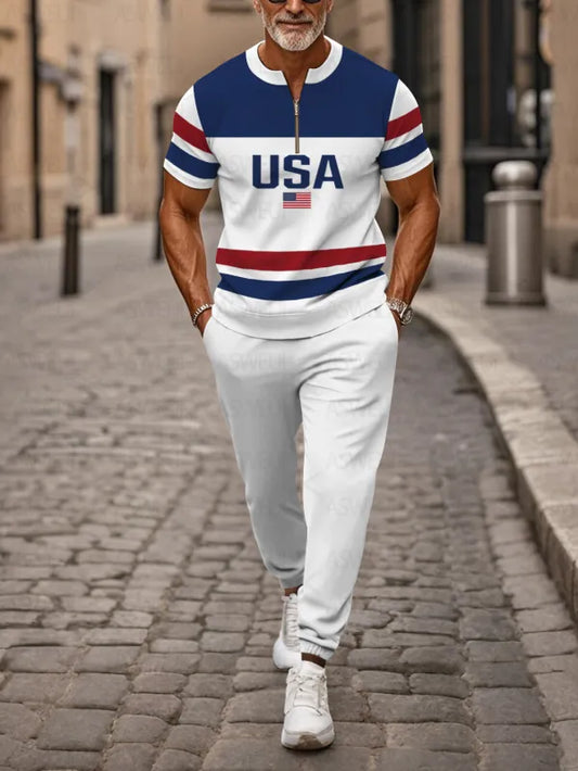 Zipper Short Sleeve Long Pants Two-Piece Set