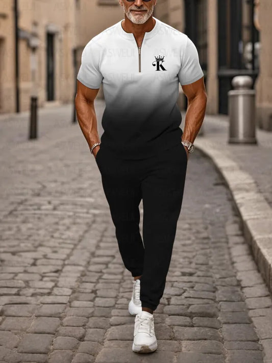 Zipper Short Sleeve Long Pants Two-Piece Set