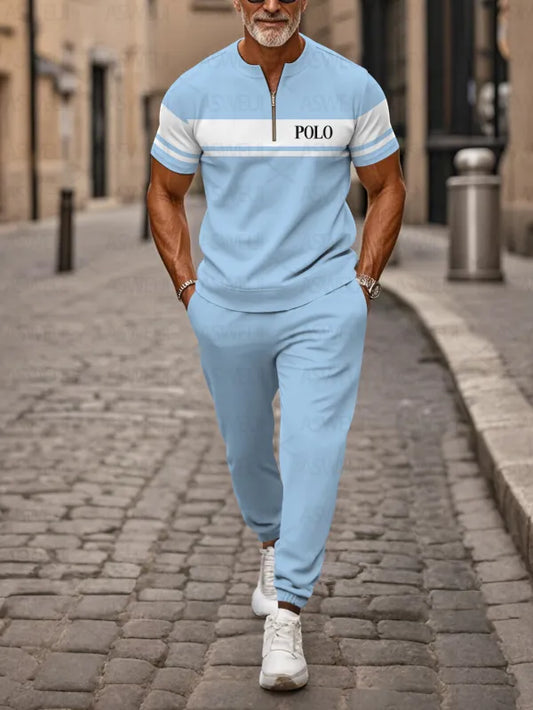 Zipper Short Sleeve Long Pants Two-Piece Set