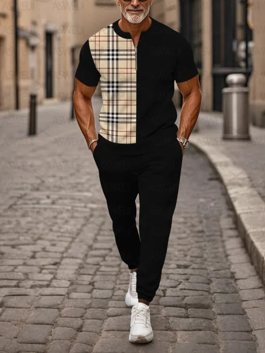 Zipper Short Sleeve Long Pants Two-Piece Set