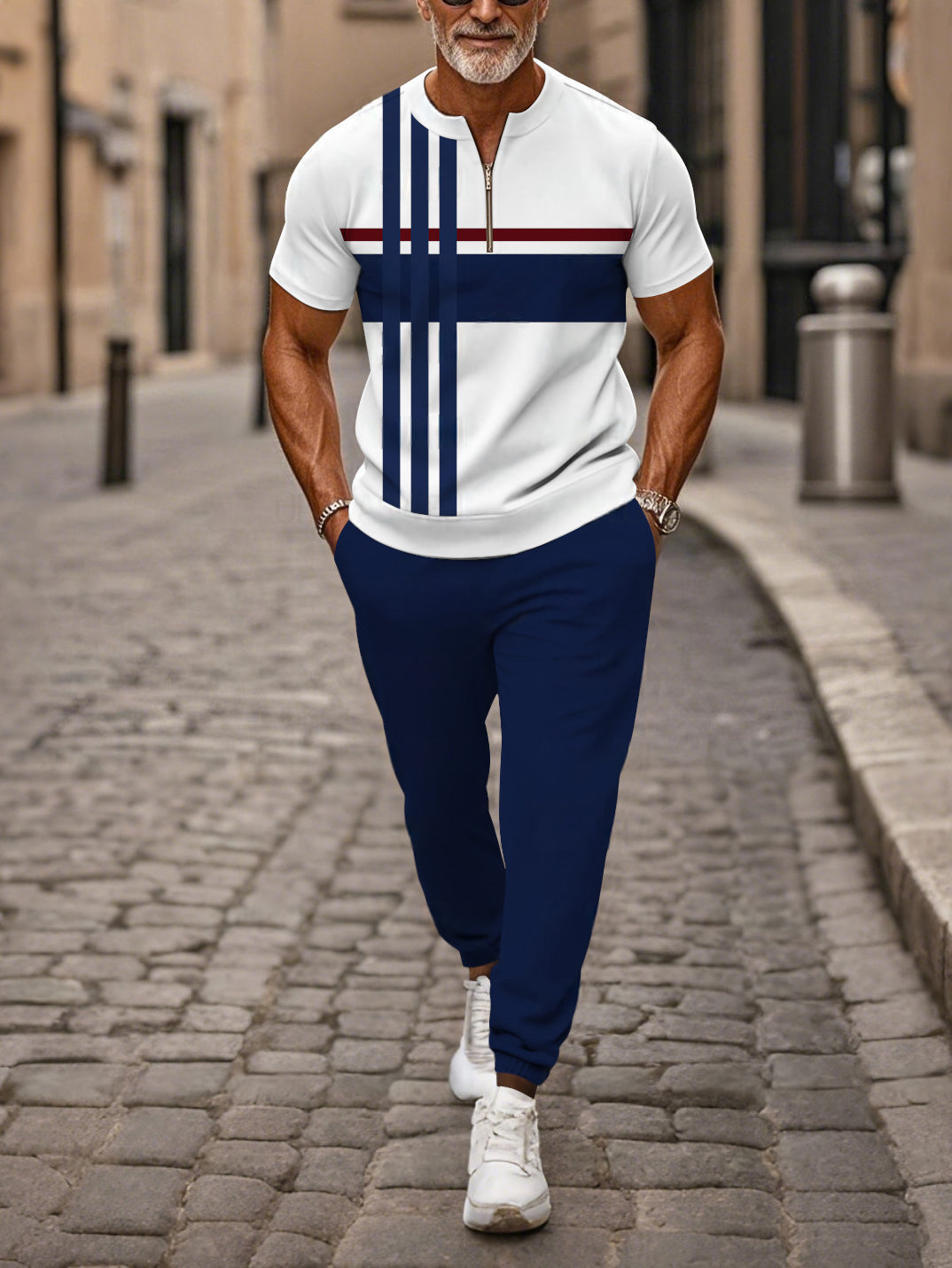 Zipper Short Sleeve Long Pants Two-Piece Set - DUVAL