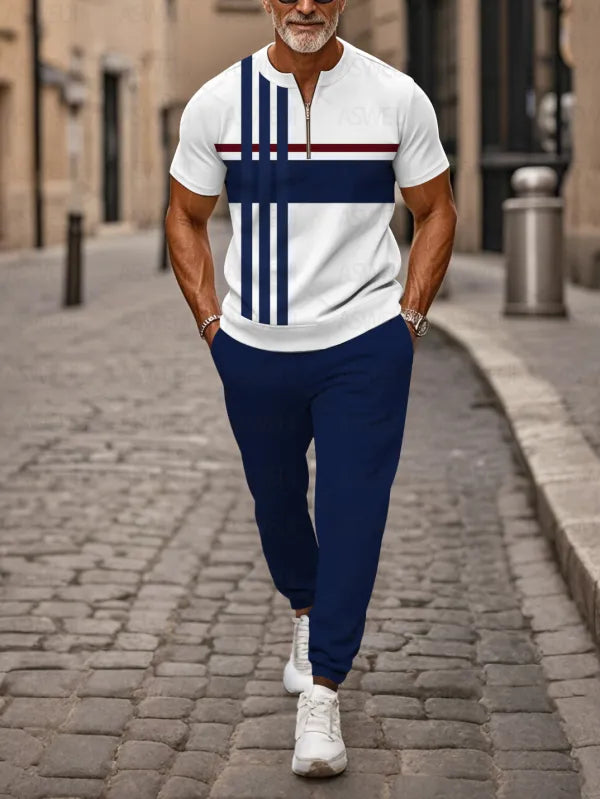 Zipper Short Sleeve Long Pants Two-Piece Set - DUVAL