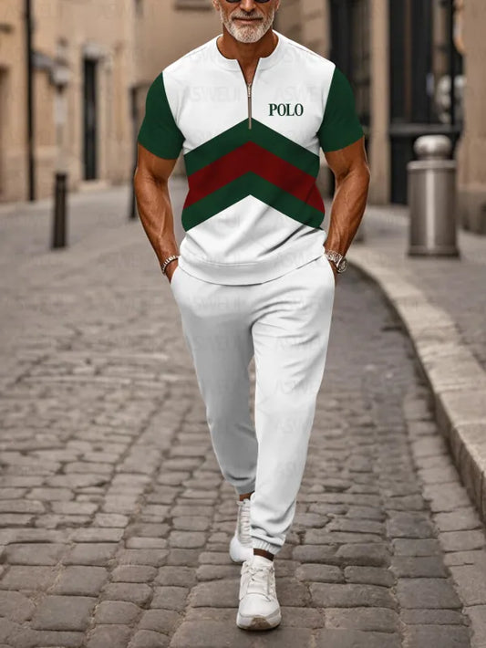 Zipper Short Sleeve Long Pants Two-Piece Set