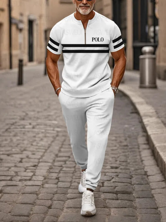 Zipper Short Sleeve Long Pants Two-Piece Set