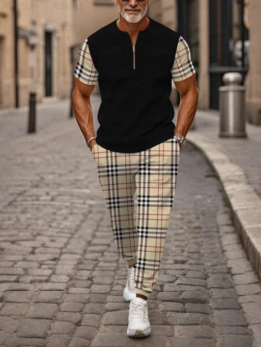 Zipper Short Sleeve Long Pants Two-Piece Set