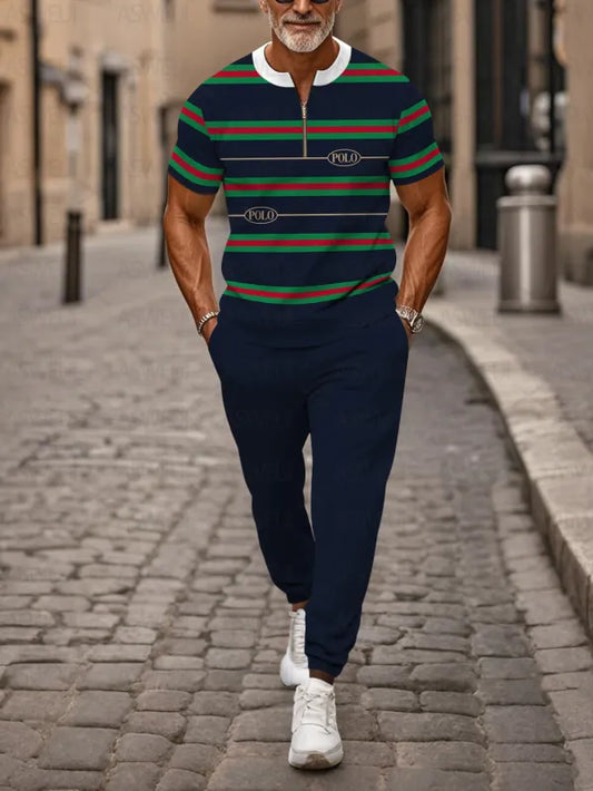 Zipper Short Sleeve Long Pants Two-Piece Set