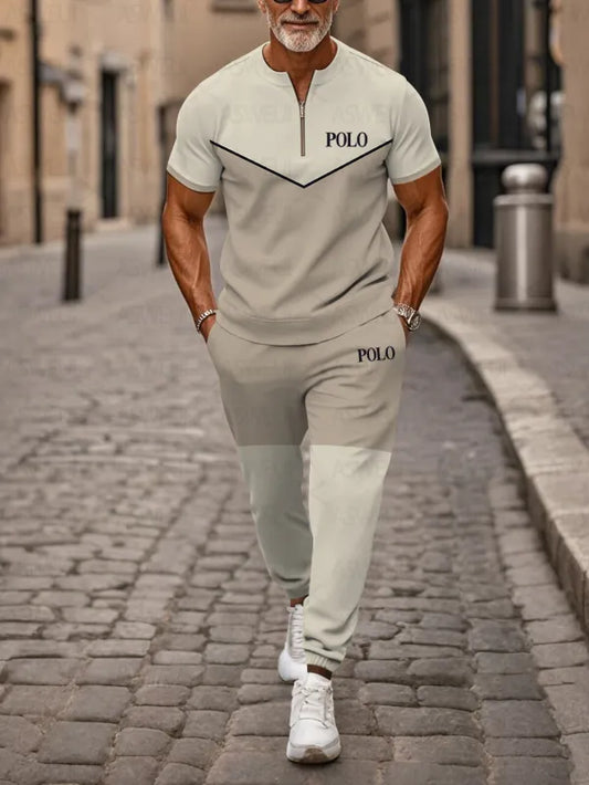 Zipper Short Sleeve Long Pants Two-Piece Set