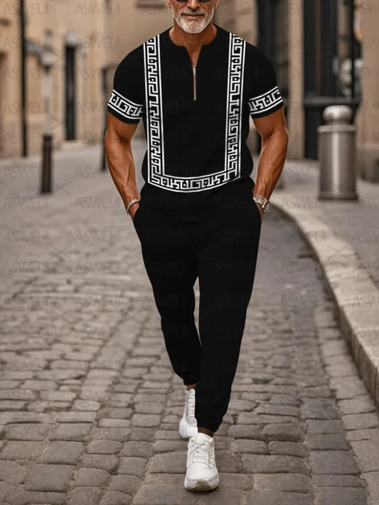 Zipper Short Sleeve Long Pants Two-Piece Set