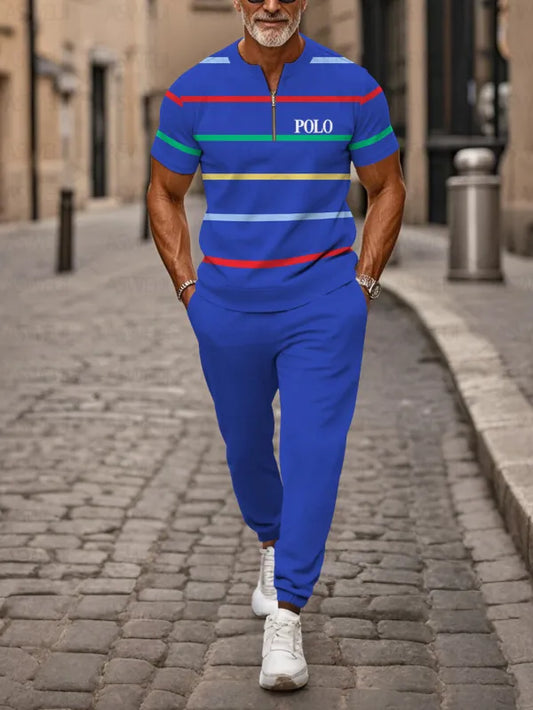 Zipper Short Sleeve Long Pants Two-Piece Set