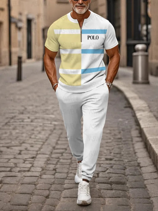 Zipper Short Sleeve Long Pants Two-Piece Set