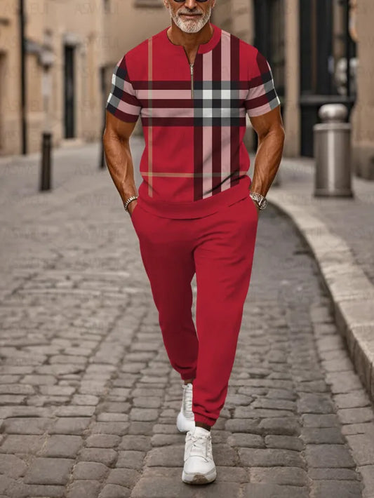 Zipper Short Sleeve Long Pants Two-Piece Set