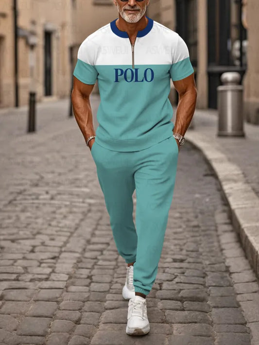 Zipper Short Sleeve Long Pants Two-Piece Set