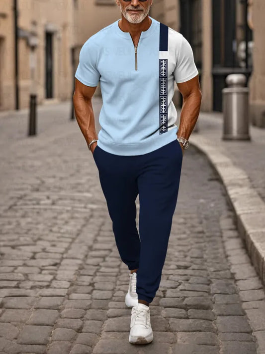 Zipper Short Sleeve Long Pants Two-Piece Set