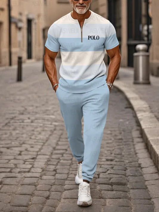 Zipper Short Sleeve Long Pants Two-Piece Set