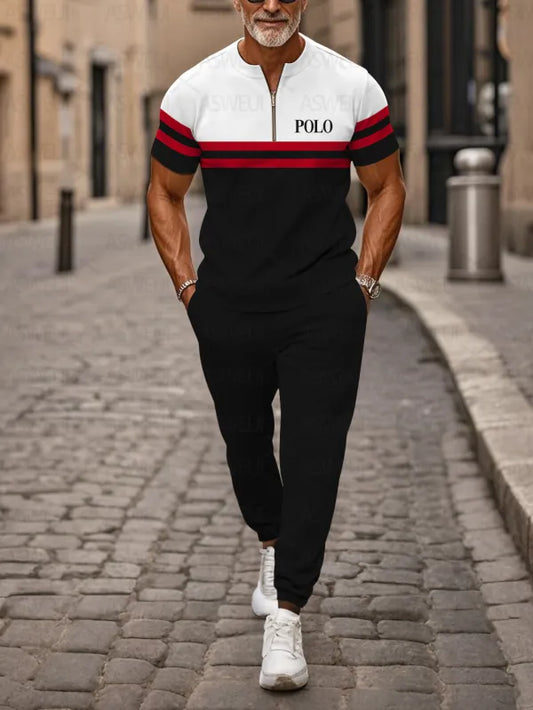 Zipper Short Sleeve Long Pants Two-Piece Set