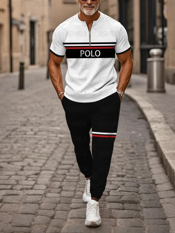 Zipper Short Sleeve Long Pants Two-Piece Set