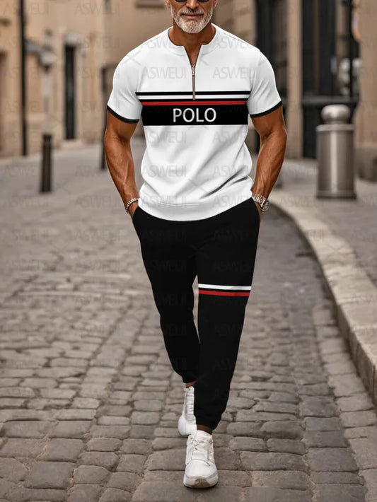 Zipper Short Sleeve Long Pants Two-Piece Set