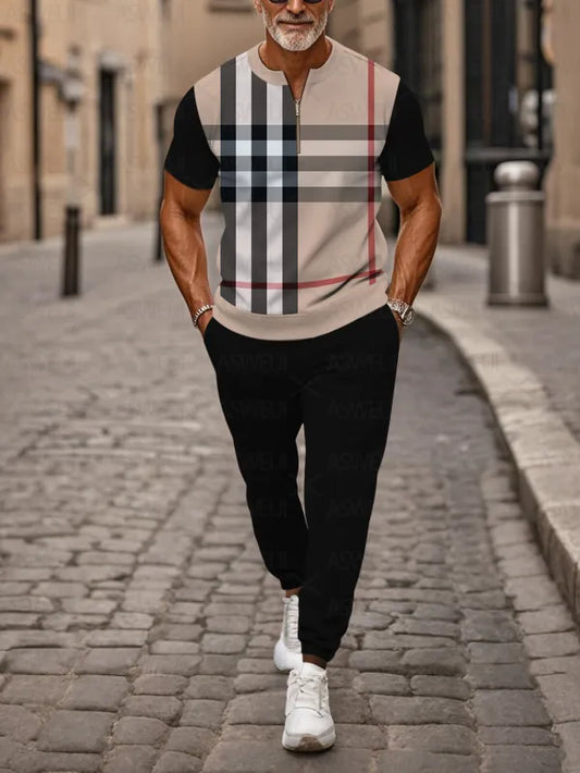 Zipper Short Sleeve Long Pants Two-Piece Set