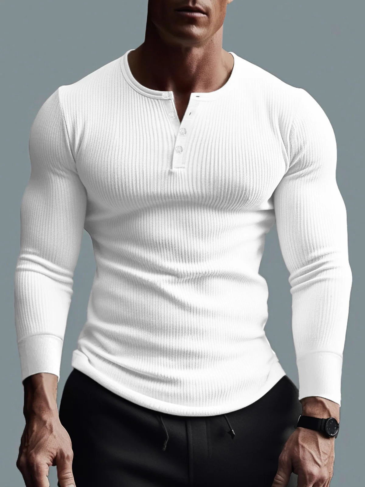 Rib Knit Curved Hem Long Sleeve Henley Shirt