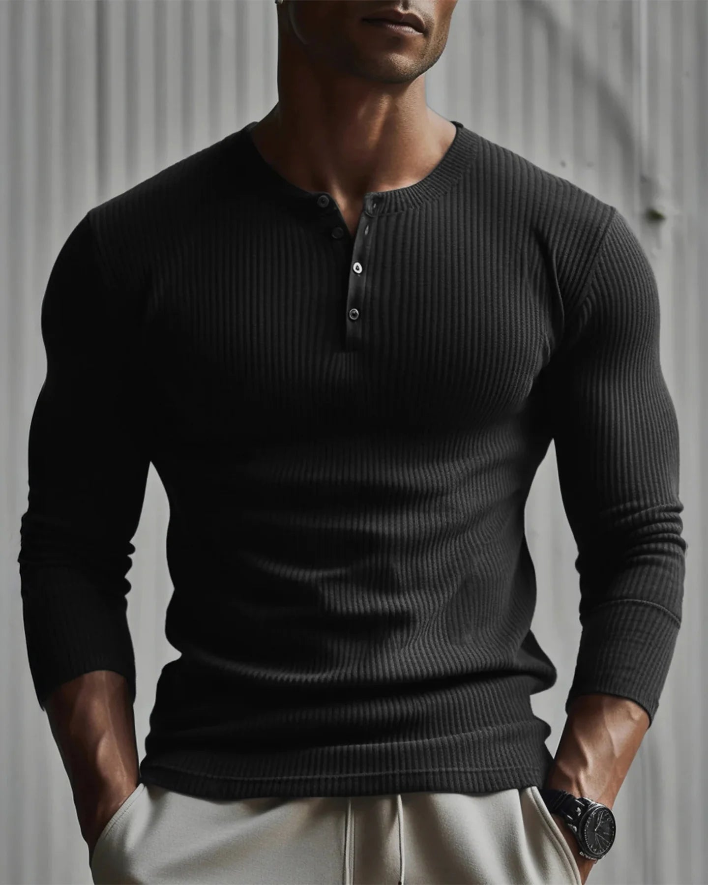 Rib Knit Curved Hem Long Sleeve Henley Shirt