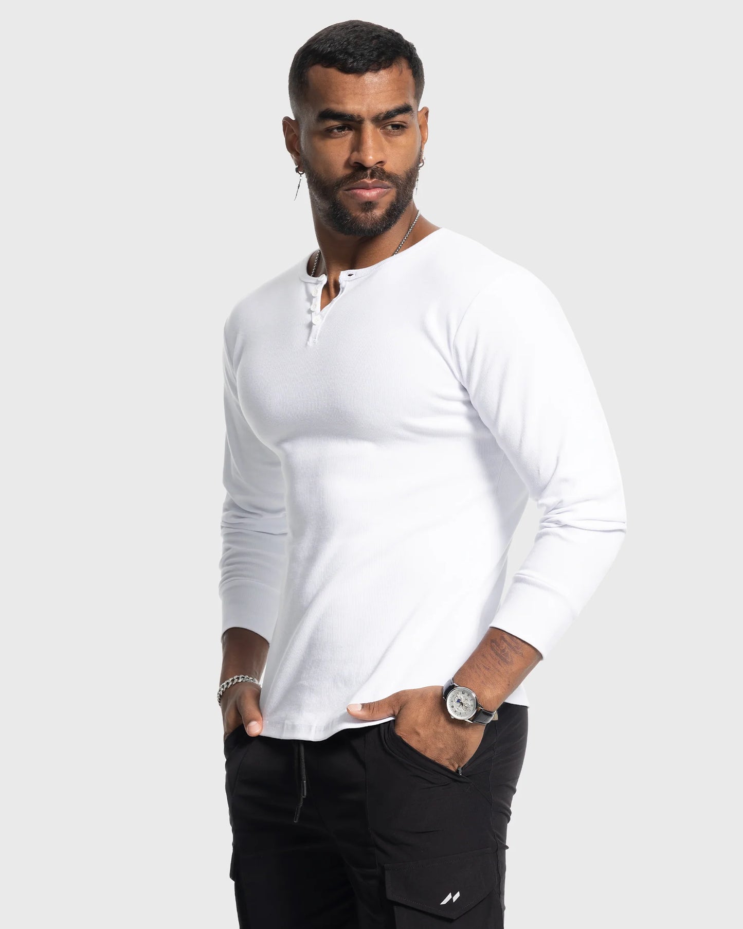 Rib Knit Curved Hem Long Sleeve Henley Shirt