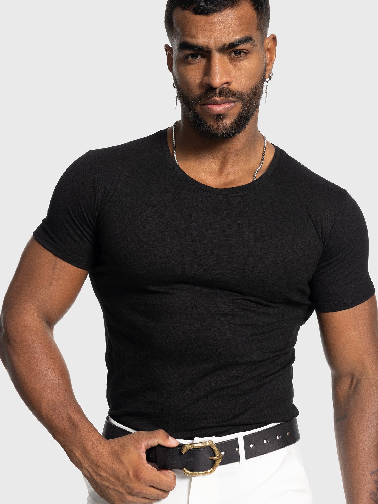 Slub V-neck Stretch T-shirt