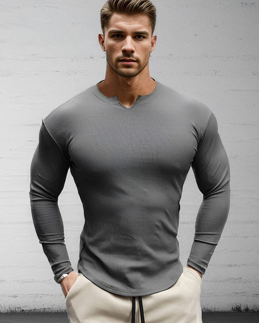 Muscle Fit V-Neck Long Sleeve Cotton Rib Knit Tech T-Shirt