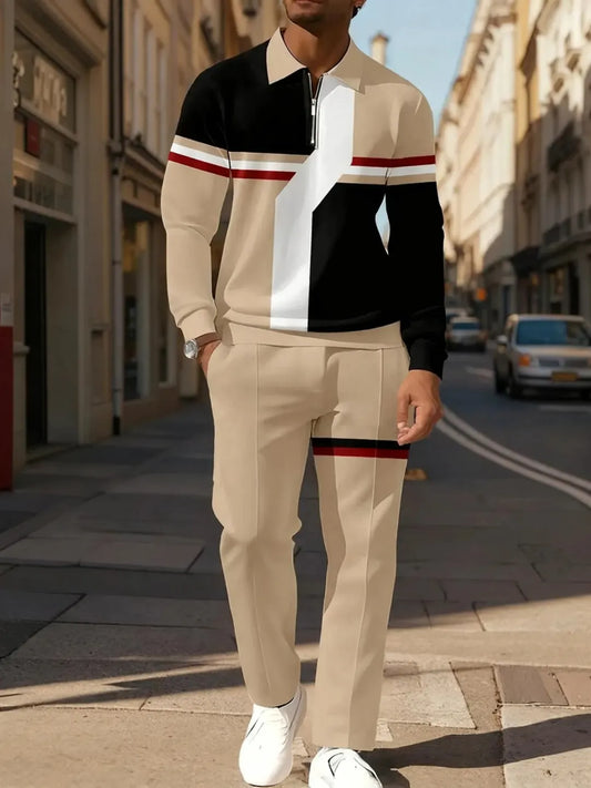 Zipper Long Sleeve Polo Long Pants Two-Piece Set