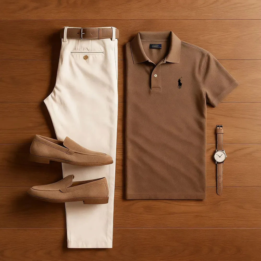Polo-Collar Short Sleeved Trousers Two-Piece Set - DUVAL