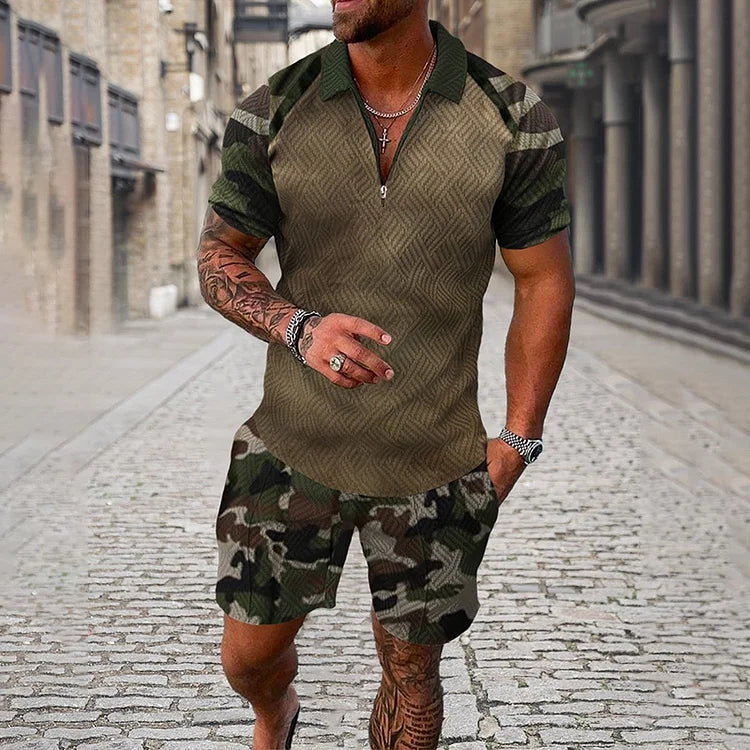 Camouflage Sleeve Polo Shirt And Shorts Co-Ord