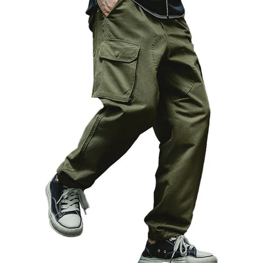 Casual Solid Color Cotton Multi-pocket Patchwork Loose Cargo Trousers