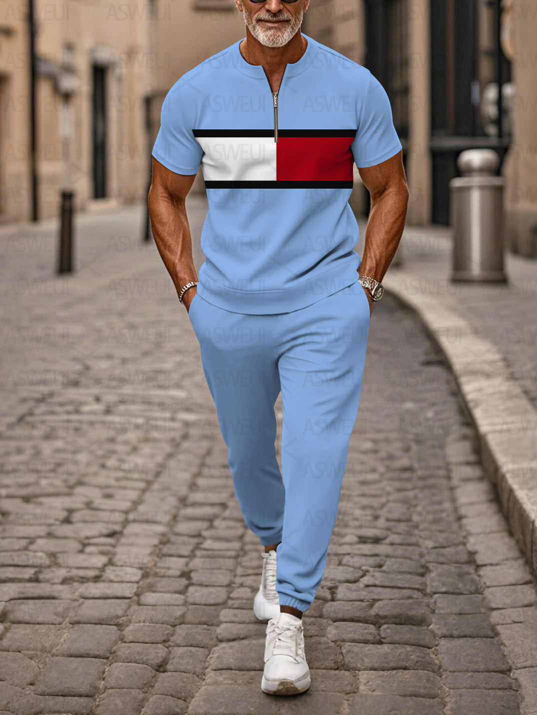 Zipper Short Sleeve Long Pants Two-Piece Set