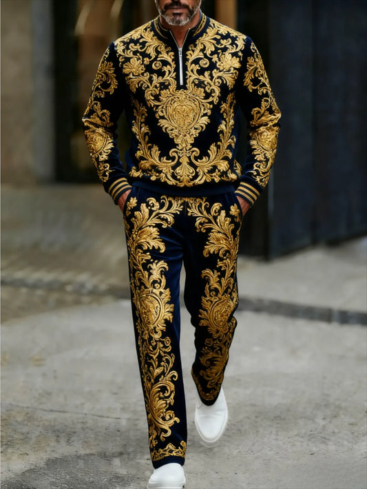 Neck Zipper Long Sleeved Trousers Two-Piece Set