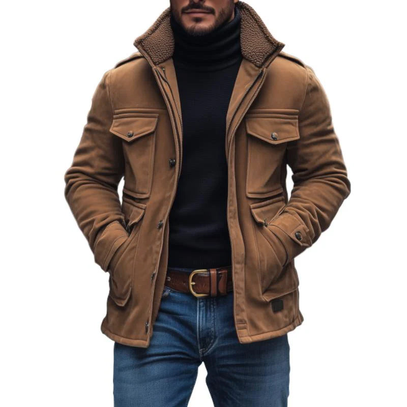 Vintage Suede Fleece Collar Patchwork Multi-Pocket Zipper Coat - DUVAL