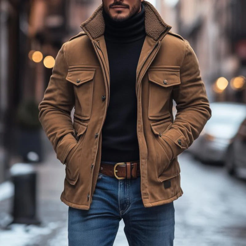Vintage Suede Fleece Collar Patchwork Multi-Pocket Zipper Coat - DUVAL