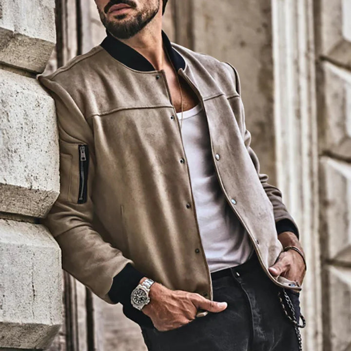 Suede Stand Collar Button Jacket - DUVAL