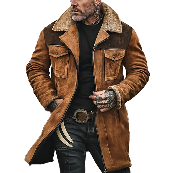 Colorblock Suede and Polar Fleece Lapel Mid-Length Coat - DUVAL