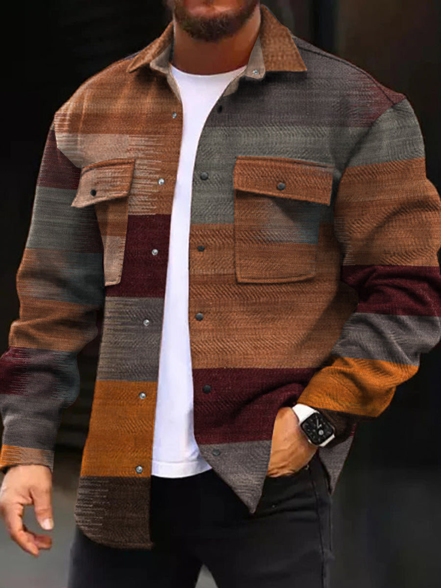 Casual Jacket Vintage Colorblock Long Sleeve Pockets Shirt Jacket - DUVAL