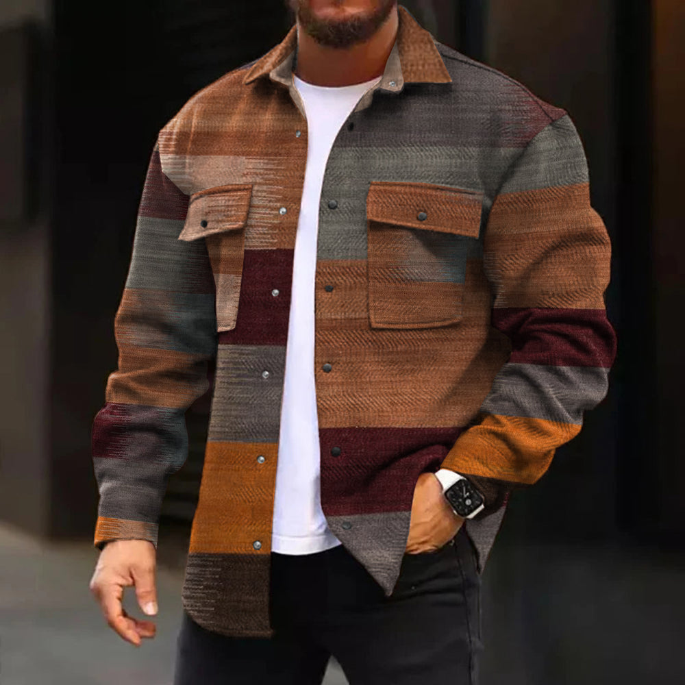 Casual Jacket Vintage Colorblock Long Sleeve Pockets Shirt Jacket - DUVAL