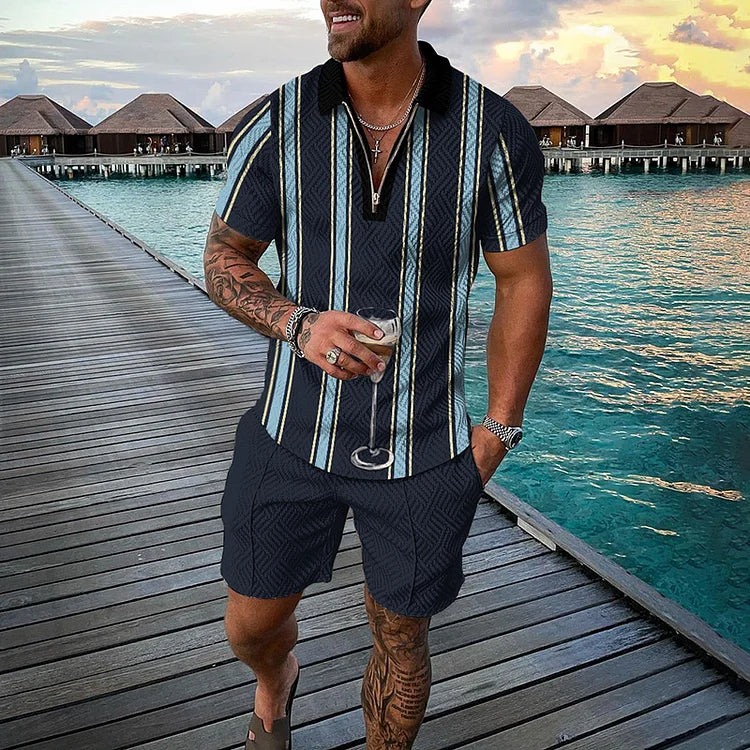 Sky Stripes Polo Shirt And Shorts Co-Ord - DUVAL