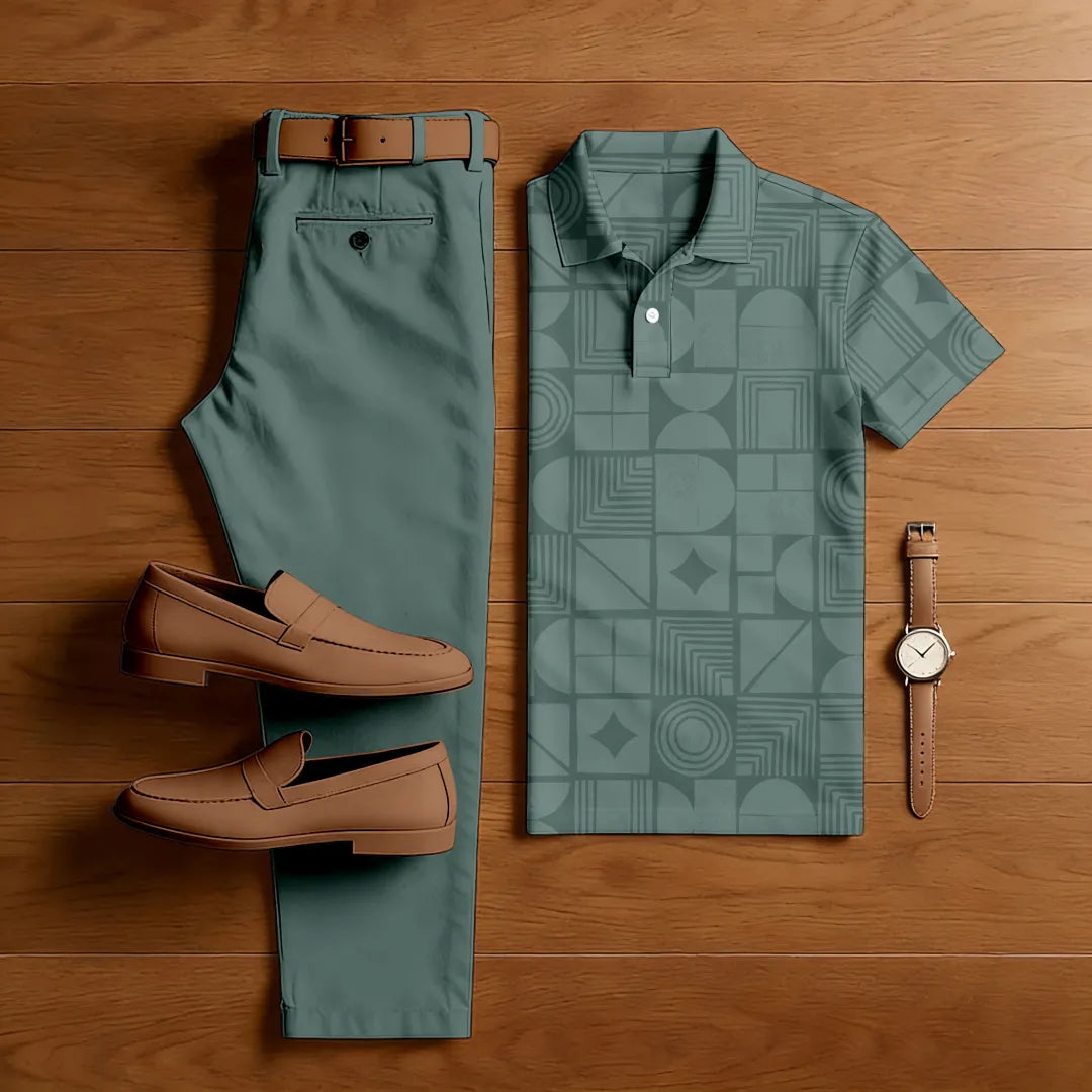 Polo-Collar Short Sleeved Trousers Two-Piece Set - DUVAL