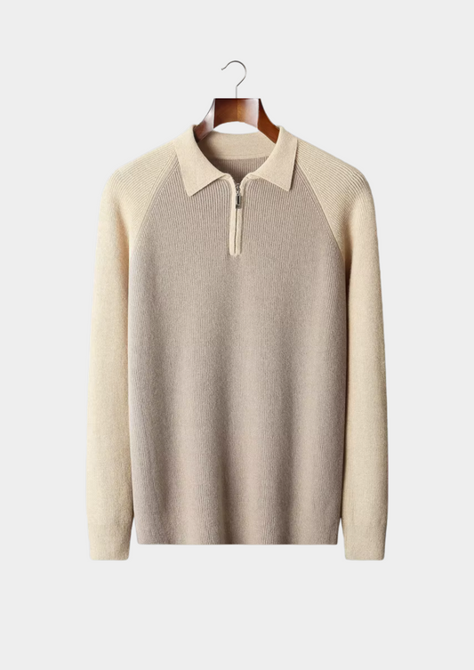 Pure Extra-Fine Merino Wool Two Tone Zipper Sweater Polo