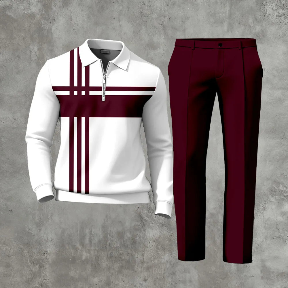 Polo-Collar Zipper Long Sleeved Trousers Two-Piece Set - DUVAL