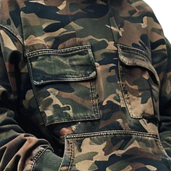 Vintage Camouflage Printed Flap Pocket Long-Sleeved Hoodie