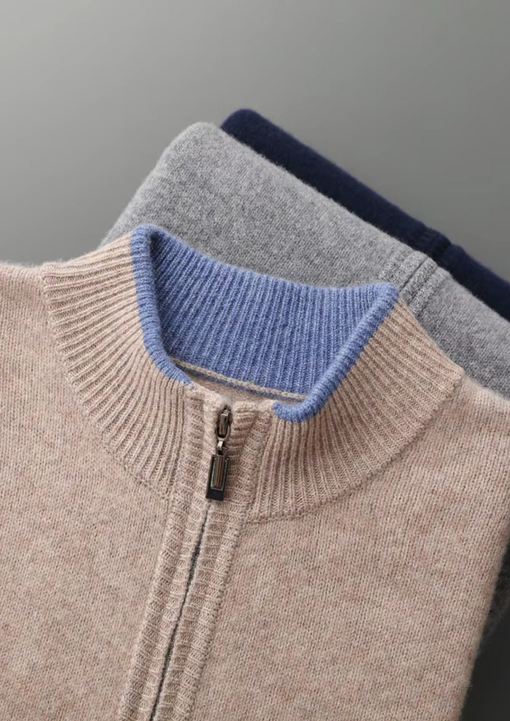 Pure Extra-Fine Merino Wool Two-Tone Zip Cardigan