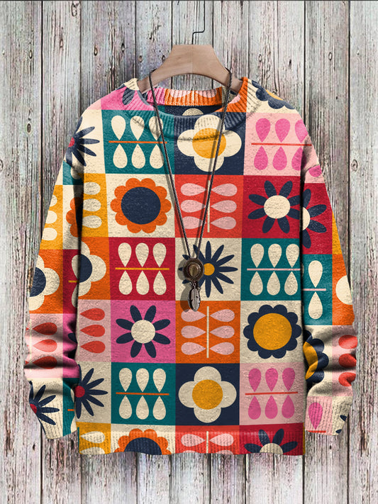 Men's Sweater Vintage Flower Colorblock Pattern Pullover Print Casual Sweater