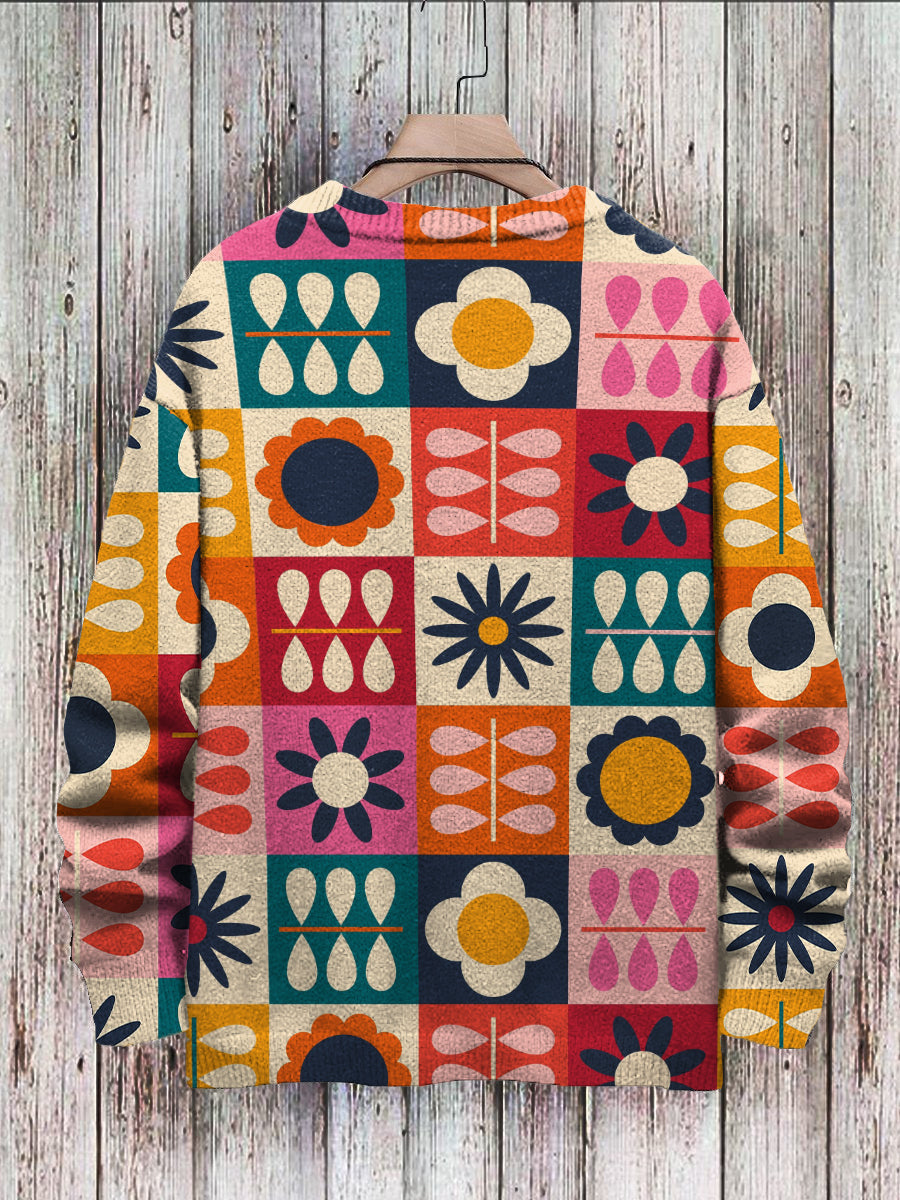 Sweater Vintage Flower Colorblock Pattern Pullover Print Casual Sweater - DUVAL